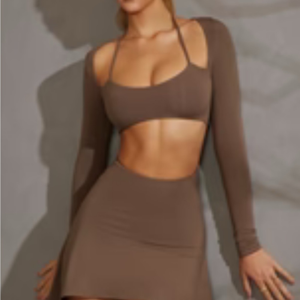 Oh Polly LONG SLEEVE CUT OUT MINI DRESS IN TAUPE